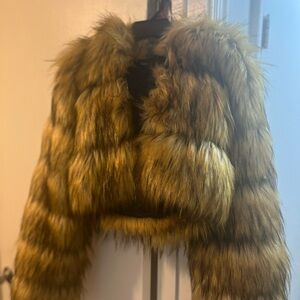 Anewsta Women's Elegant Ombre Leopard Print Faux Fur Hooded Short Jacket